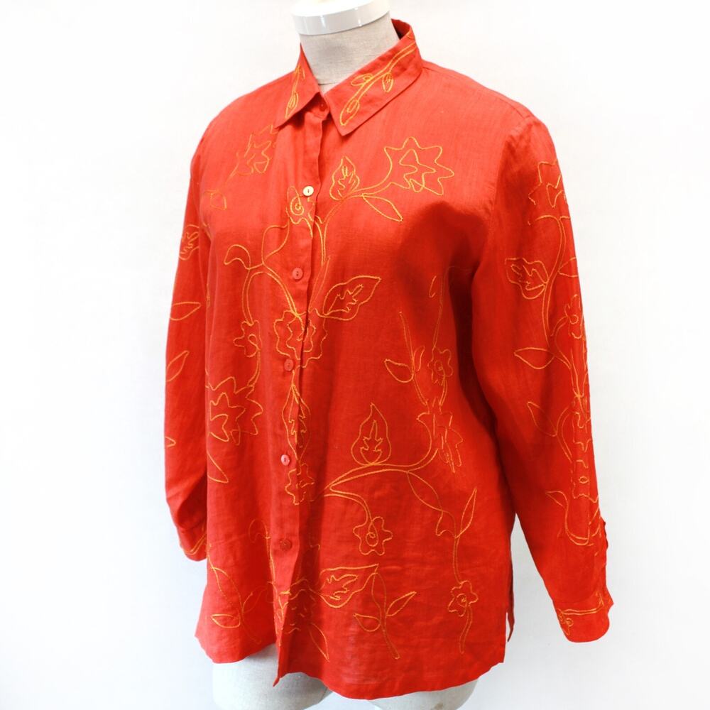 Josephine Chaus Plus 100% Linen orange embroidered collared blouse shirt 18 1X